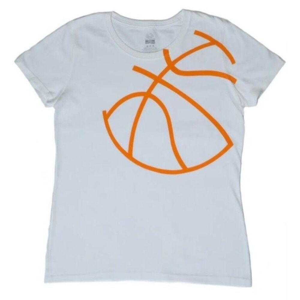 Basketball Graphic T-Shirt White & Orange Womens Short Sleeve Round Neck Medium